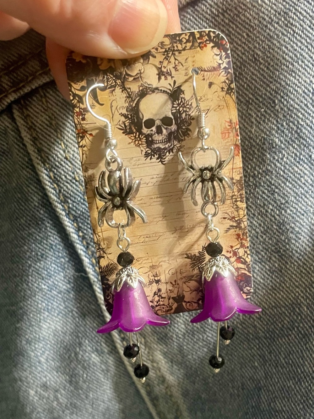 Hand Crafted Deadly Nightshade Earrings with Silver Spider Charms - Picture 4 of 5